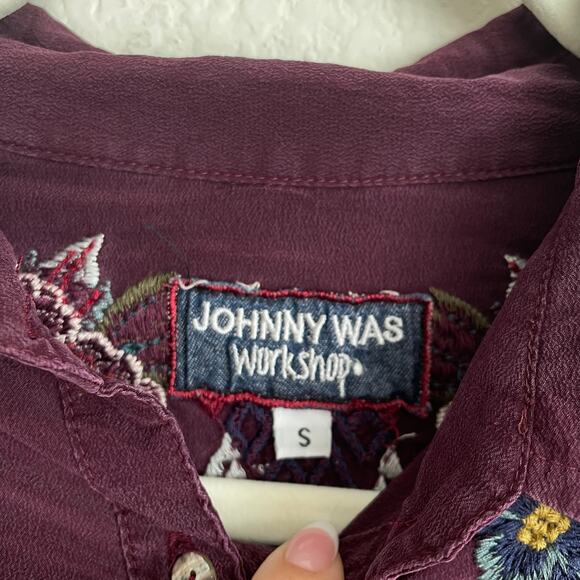 JOHNNY WAS Purple Floral Embroidered Long Sleeve Silk Top - Picture 9 of 12